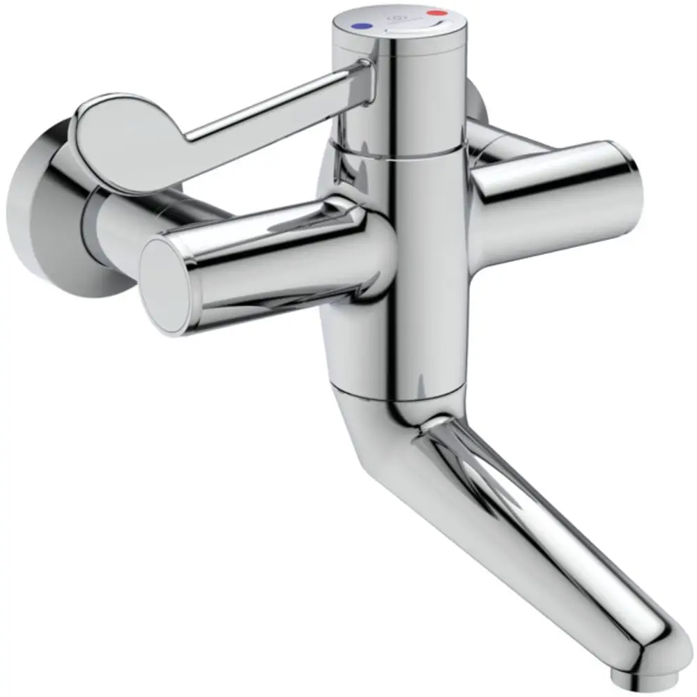 Thermostatarmatur von Ideal Standard in glattem Chrom-Finish, mit einem Drehhebel und Temperaturanzeigen in Rot und Blau. Wall-mounted Ausführung mit langer Auslauf.